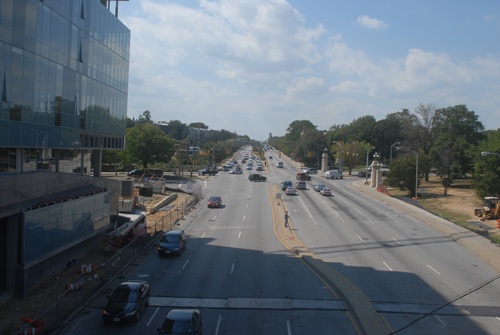 From up on the Jones Falls Expressway, looking west on North Avenue